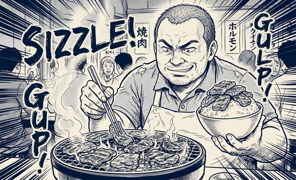 A middle-aged man enjoying his original yakiniku rice bowl